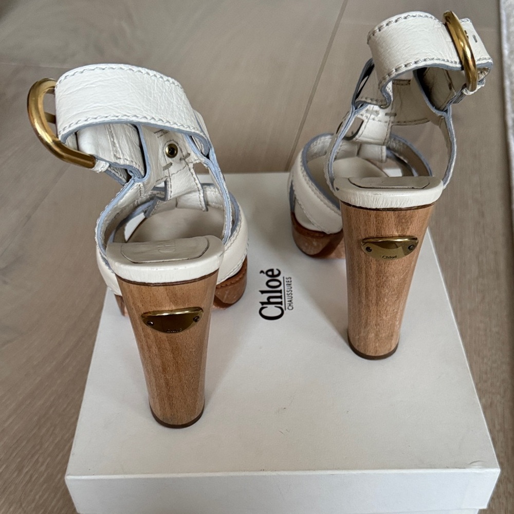 Chloé Ivory Leather Platform Sandals with Wood Block Heel and Gold Hardware